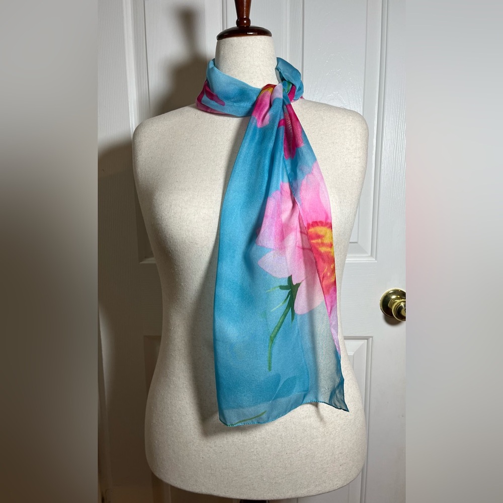 Blue Pink Floral Silk Scarf Lightweight Sheer Botanical Print